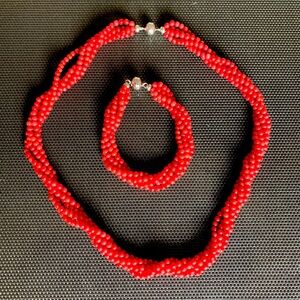 Red Coral Sterling Silver Twisted Bead Necklace with matching Bracelet